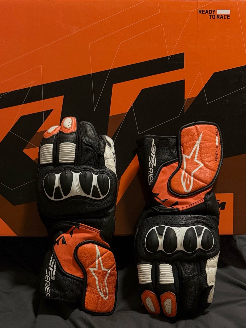 Alpinestars Black Orange Motorcycle Racing Gloves with White Accents